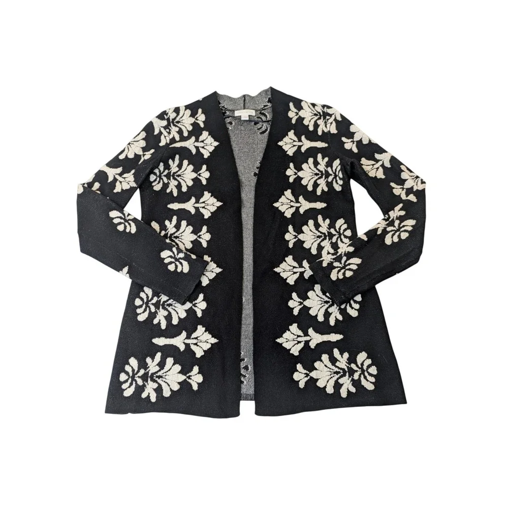 Charter Club Open Cardigan S Black White Damask Intarsia Dark Academia Layering - Picture 2 of 8